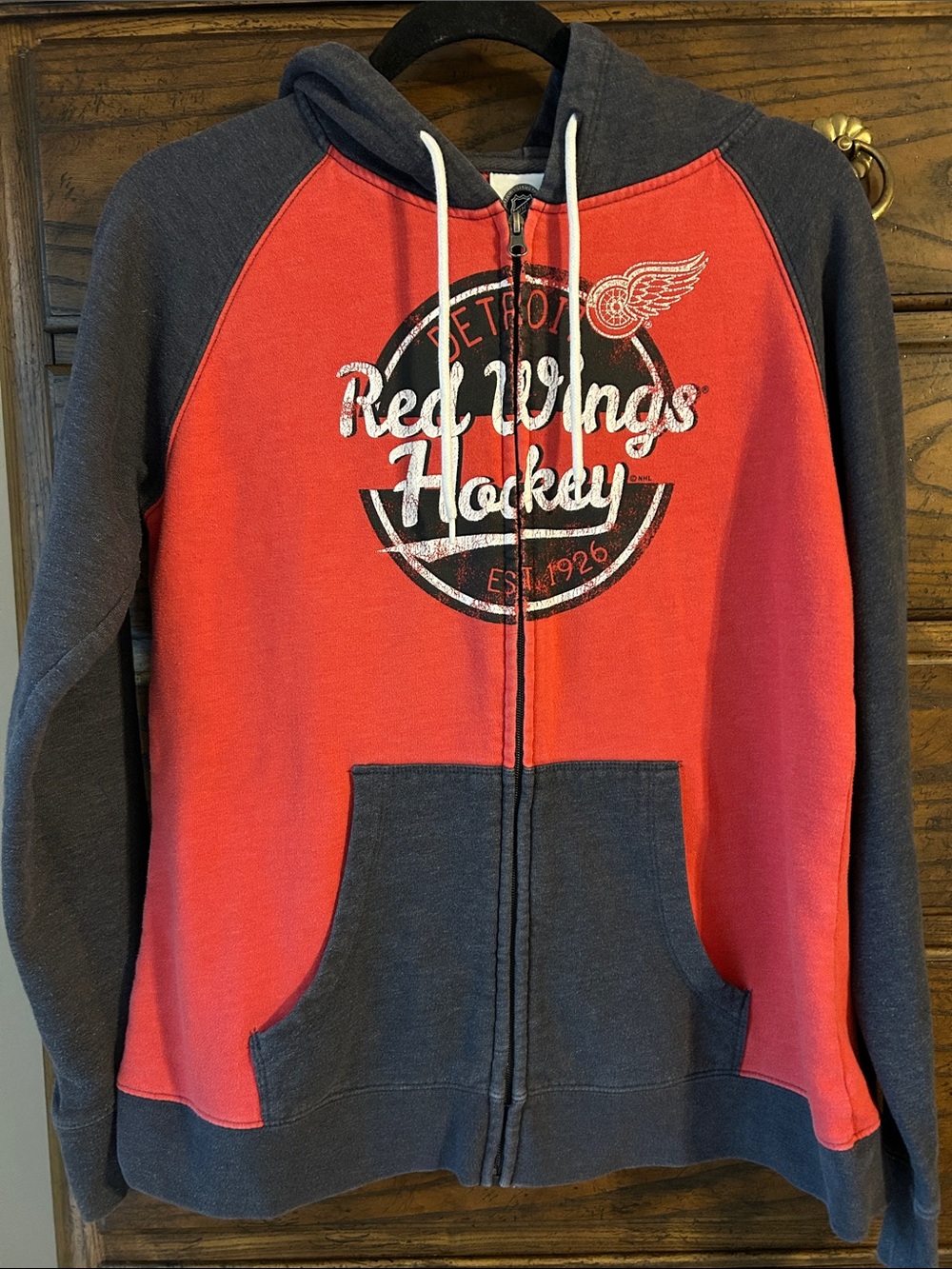NHL Kids Retro Detroit Red Wings Red and Charcoal Zip Hoodie, Size L